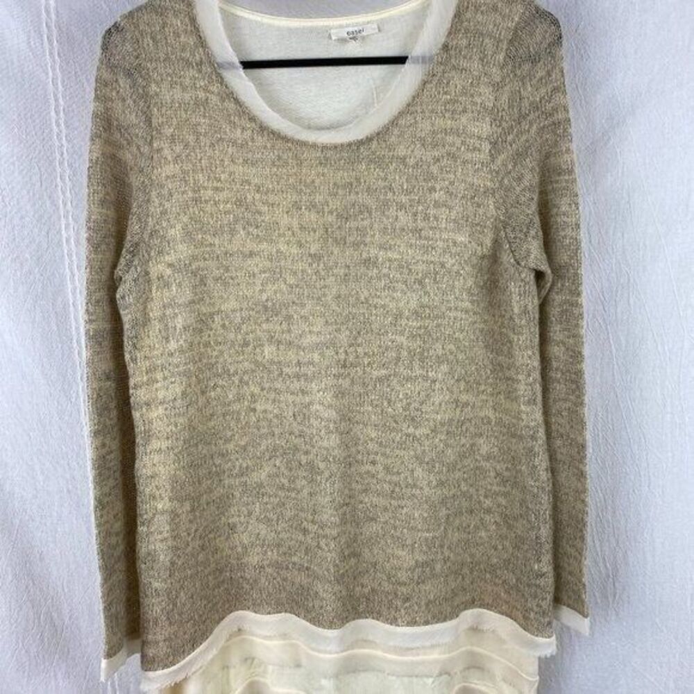 Easel Beige Cream Layered Sweater with Chiffon Raw Edge Hem Size Small